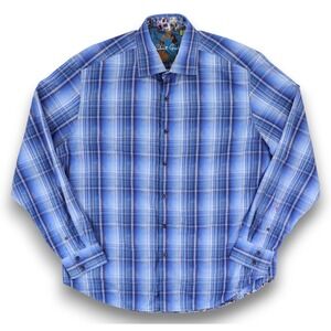 Robert Graham Batik Shirt Mens XXL Blue Plaid Jacquard Paisley Flip Cuffs